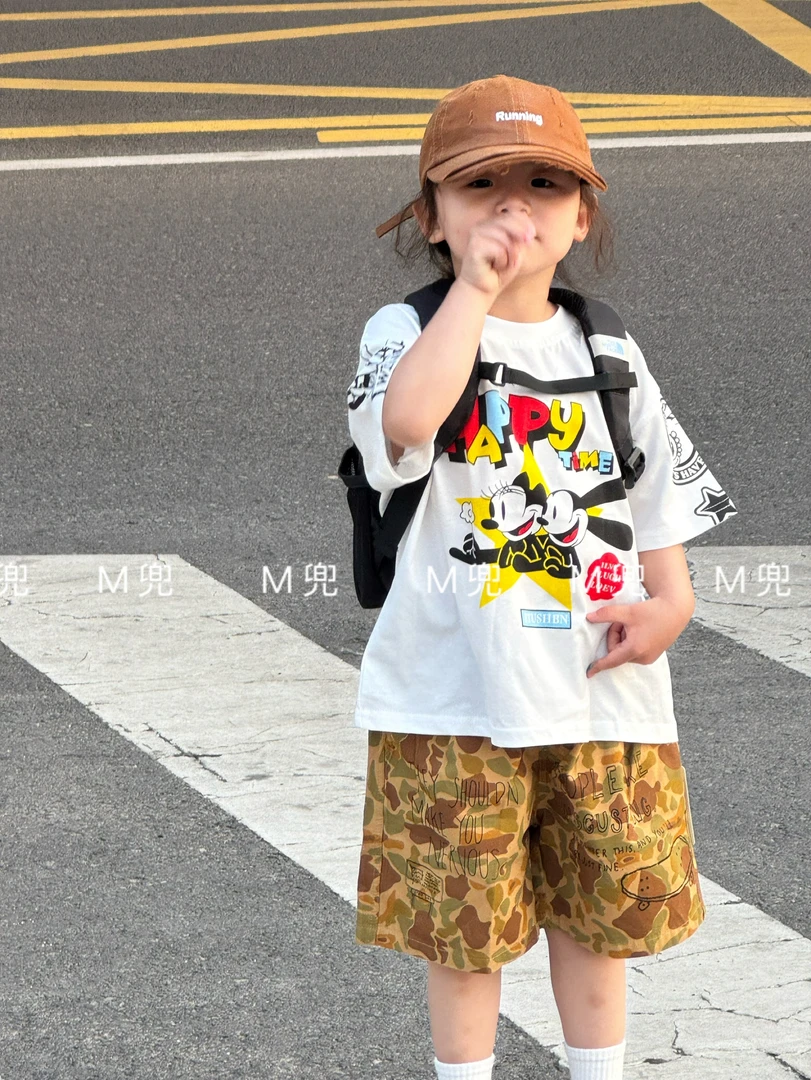 2025夏款男女童HAAPY卡通印花纯棉短袖t恤中小童百搭上衣