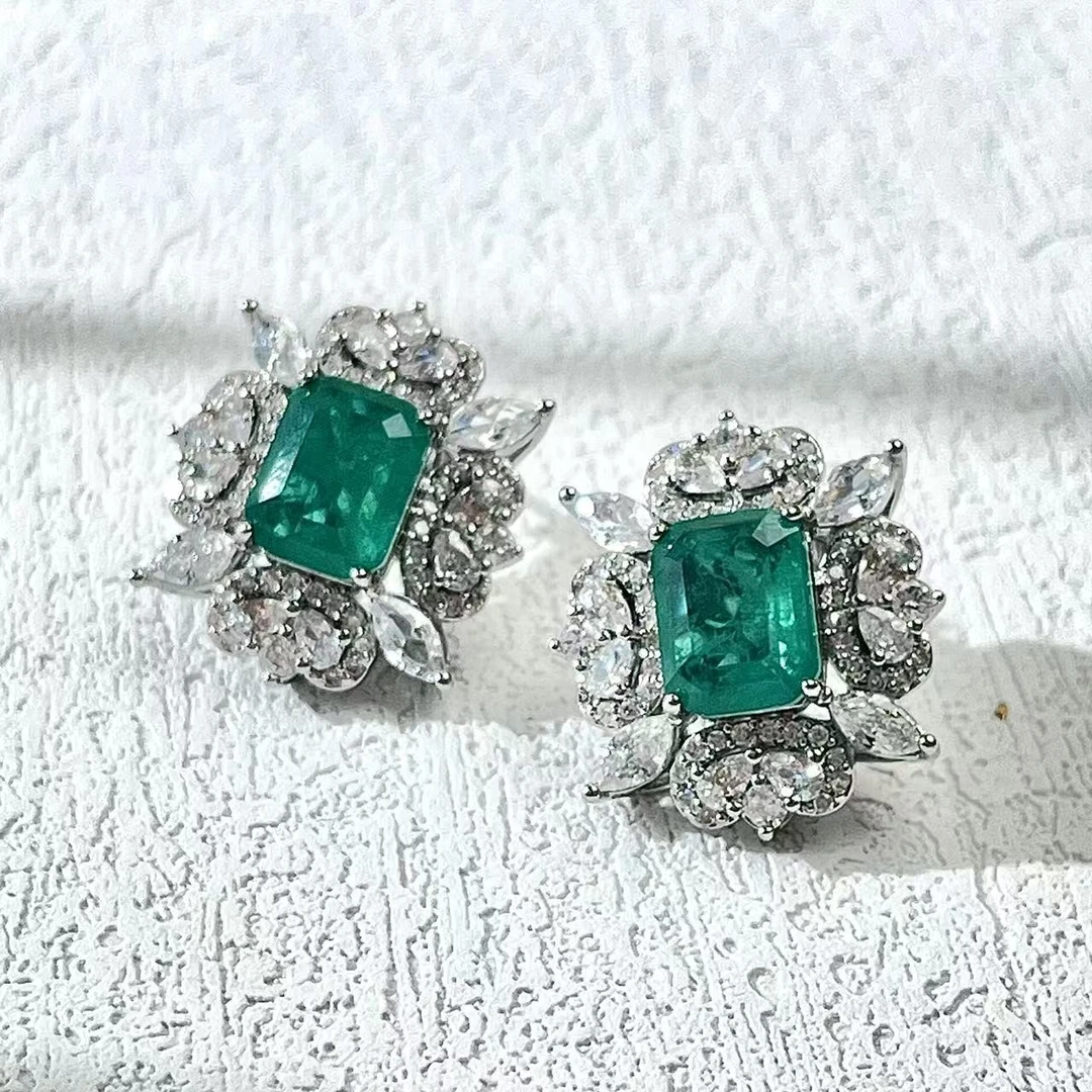 99新 玛雅中古 中古风绿色莱茵石耳钉/S34121