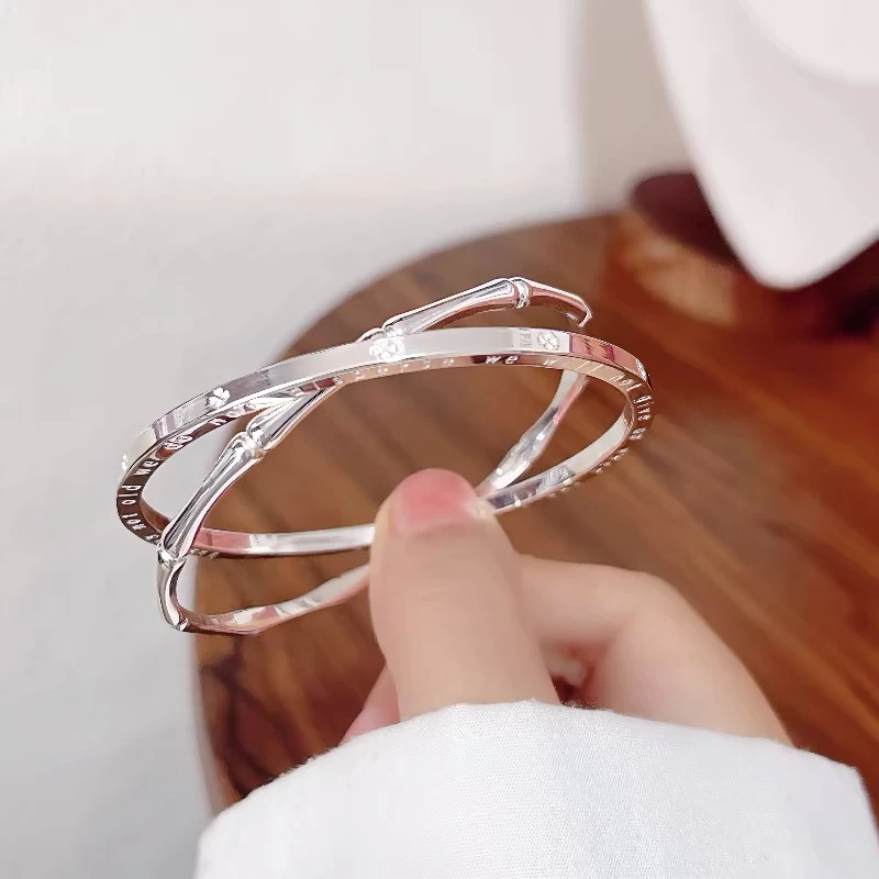 足银手镯 竹节双环手镯四叶草叠戴闭口手环女时尚简约ins风