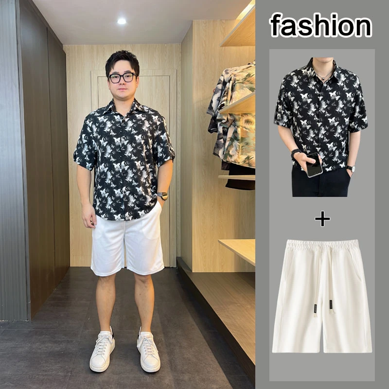 夏季男士短袖衬衫韩版印花冰丝衬衣胖人大码休闲套装百搭ins潮流