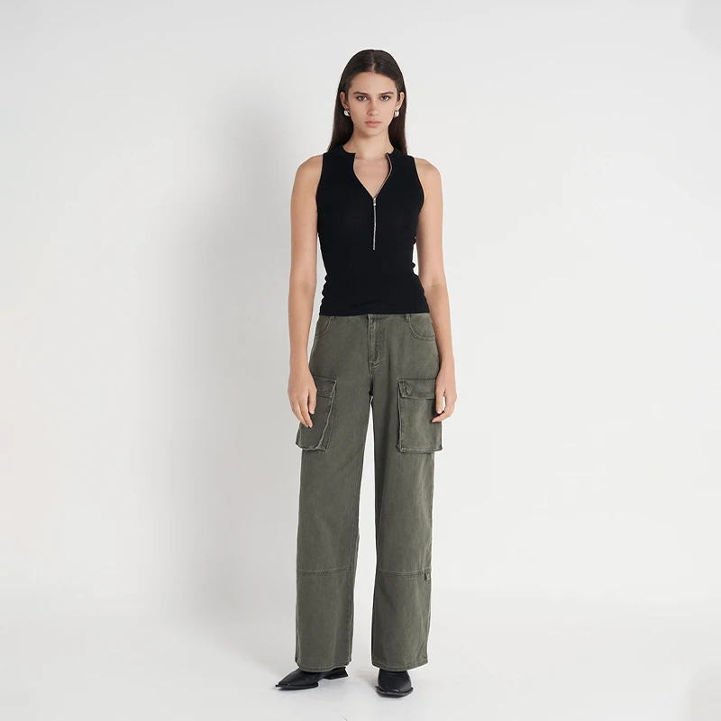 辣妹！军绿色 帅气 口袋工装裤 牛仔裤