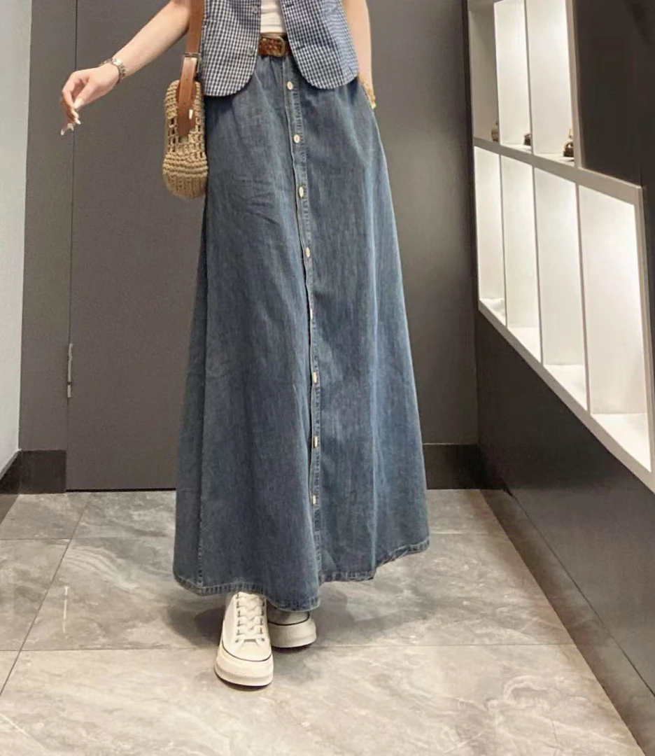Danjun“亚麻棉阔版系扣中长”牛仔半裙