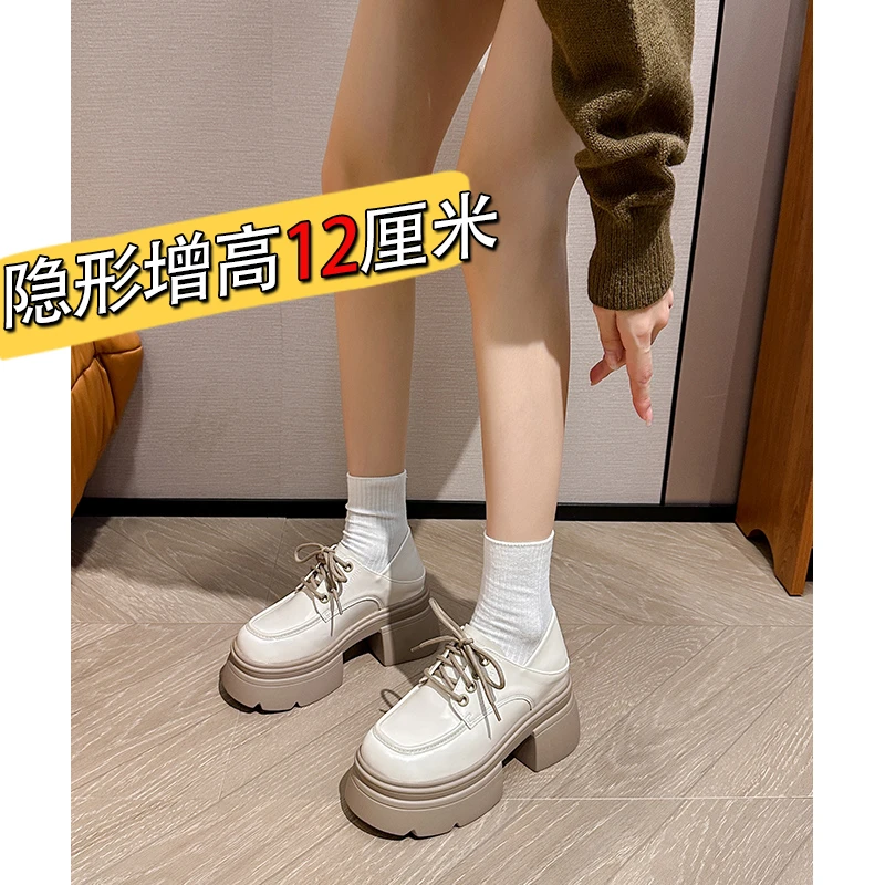 圆头乐福鞋女内增高2025新款小个子松糕厚底单鞋高跟JK系带小皮鞋