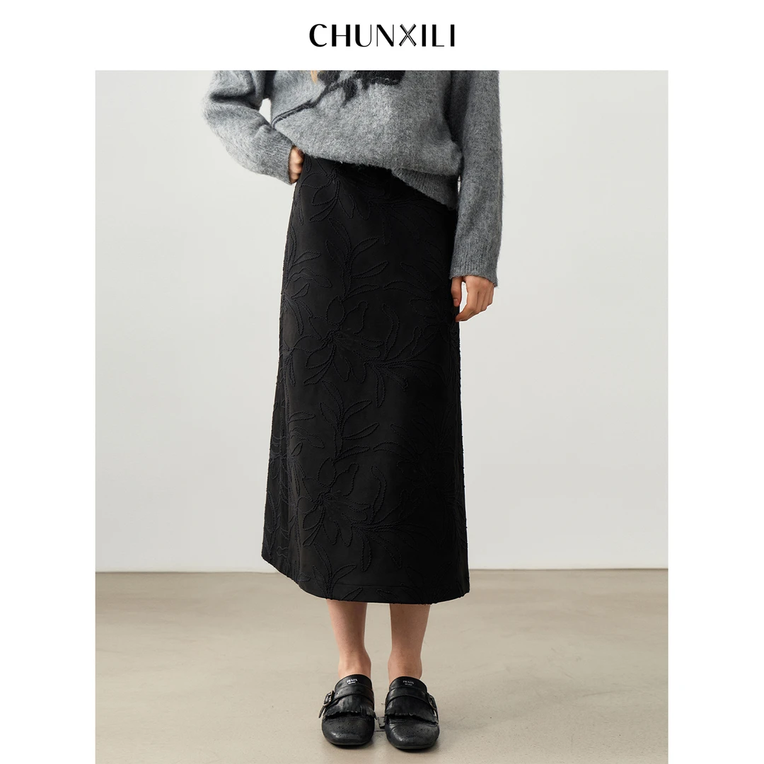 【盘线绣】CHUNXILI/春熙里 秋冬高腰显瘦绣花半身裙D04B53075