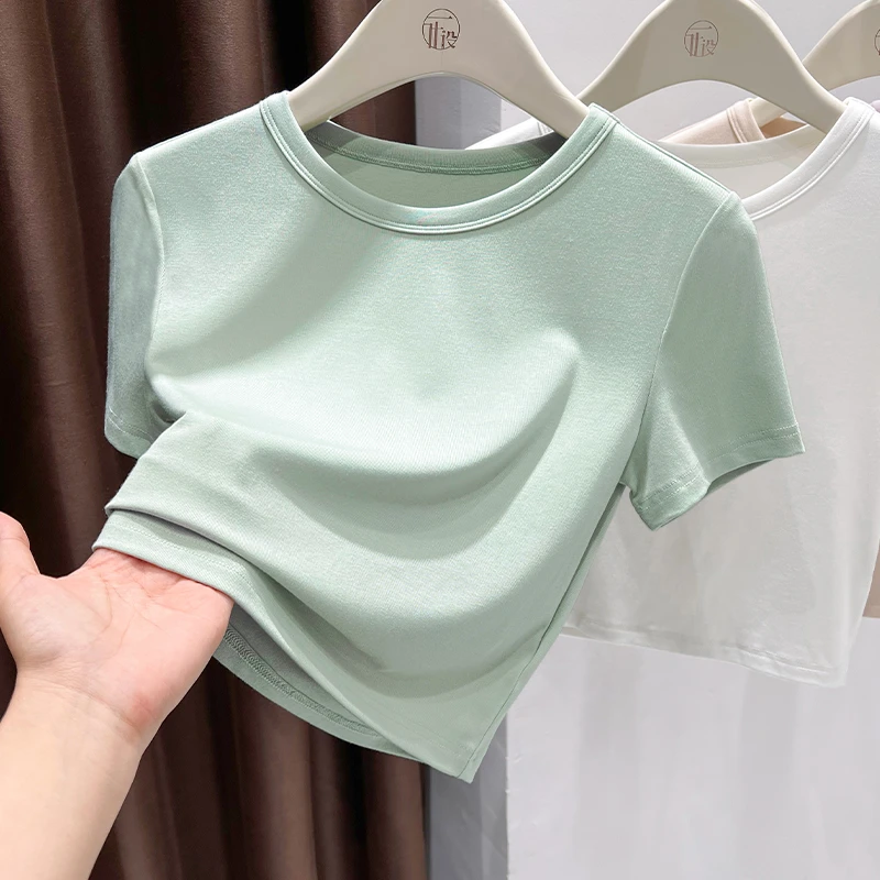 简约小圆领正肩百搭短袖女爆款2025新款时尚短款辣妹T恤薄款上衣