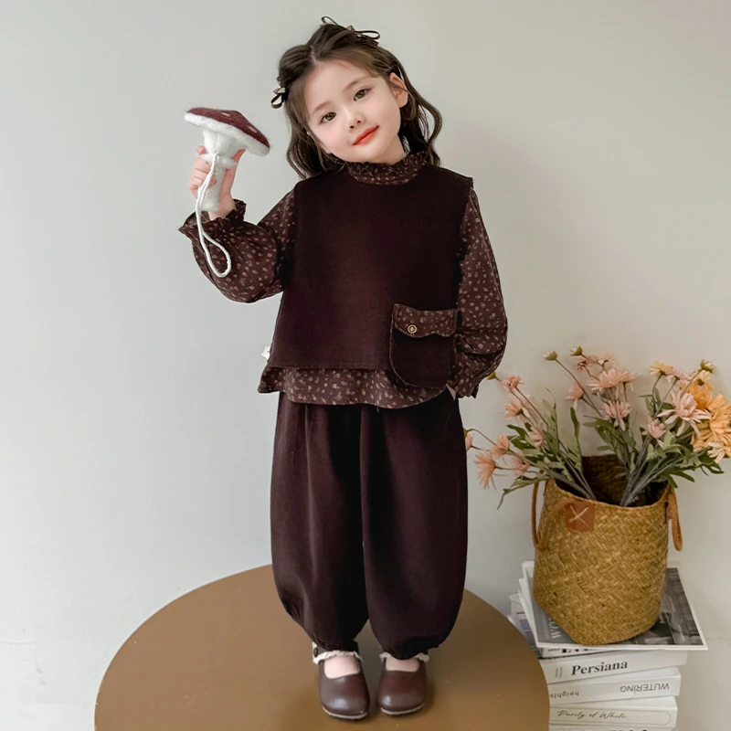 女童秋季套装2025新款儿童洋气时髦秋装女宝宝秋季马甲三件套碎花