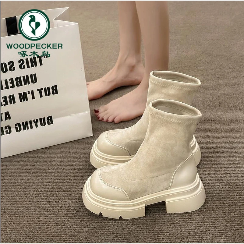 啄木鸟厚底短靴女2025新款秋季弹力瘦瘦靴复古绒面马丁靴切尔西靴