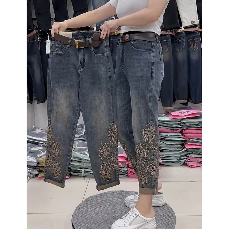 蓝色烫钻重工刺绣哈伦牛仔裤女秋季新款大码高腰显瘦老爹九分裤子