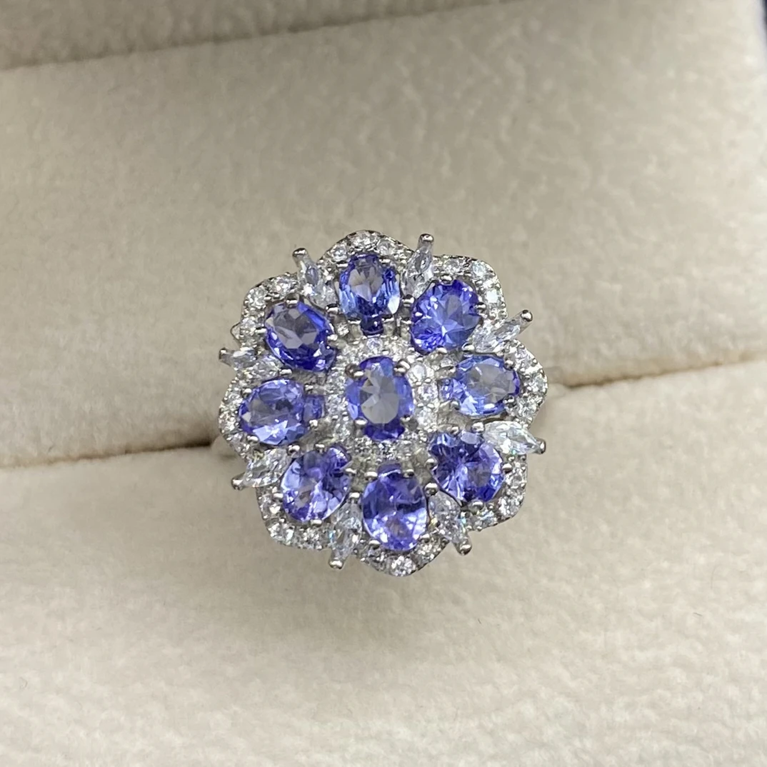 天然坦桑石戒指s925银 高级轻奢精致满钻创意气质优雅时尚百搭YM