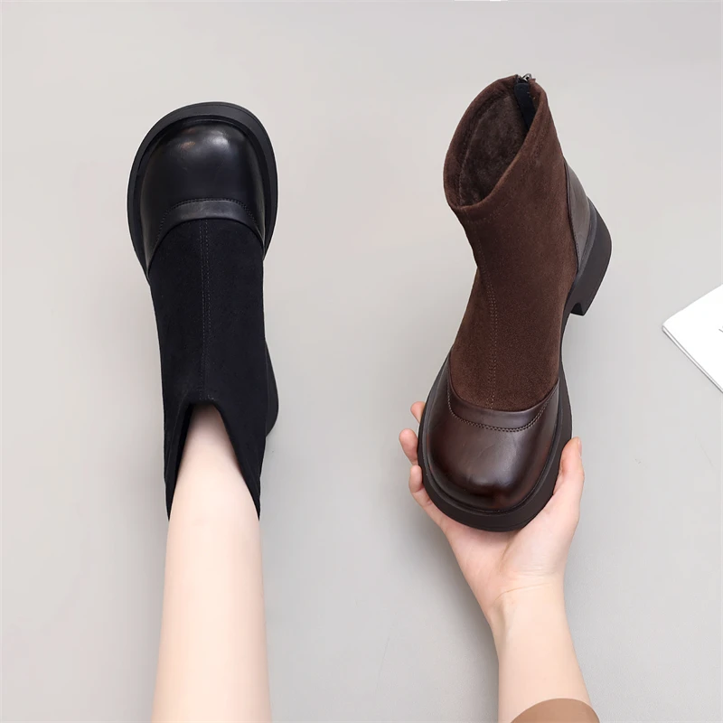 平底短靴女2025秋冬新款网红爆款复古百搭拼接绒面瘦瘦后拉链短靴