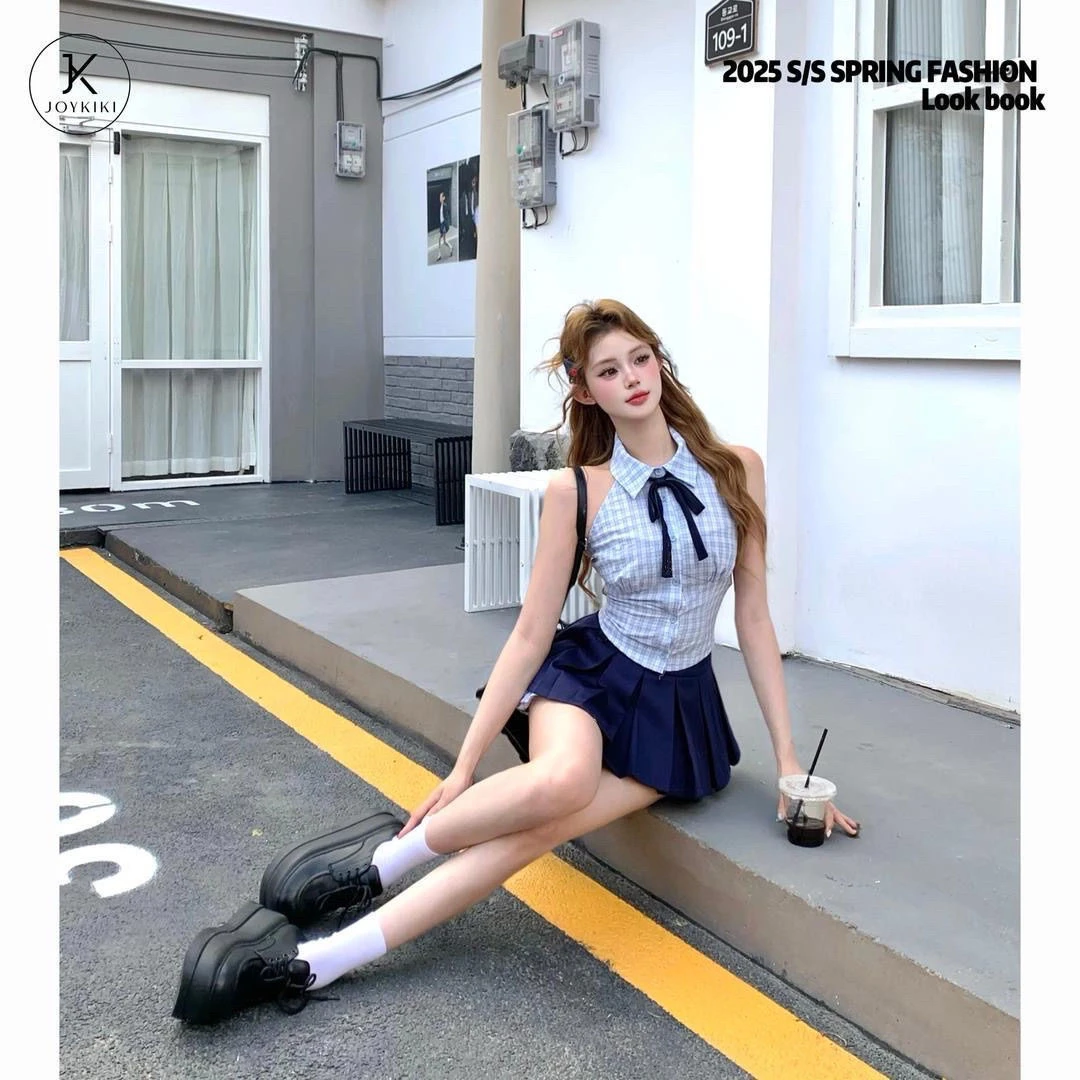 法式甜妹风少女风新中式时尚短款无袖短袖百褶裙上衣短裤学生时尚