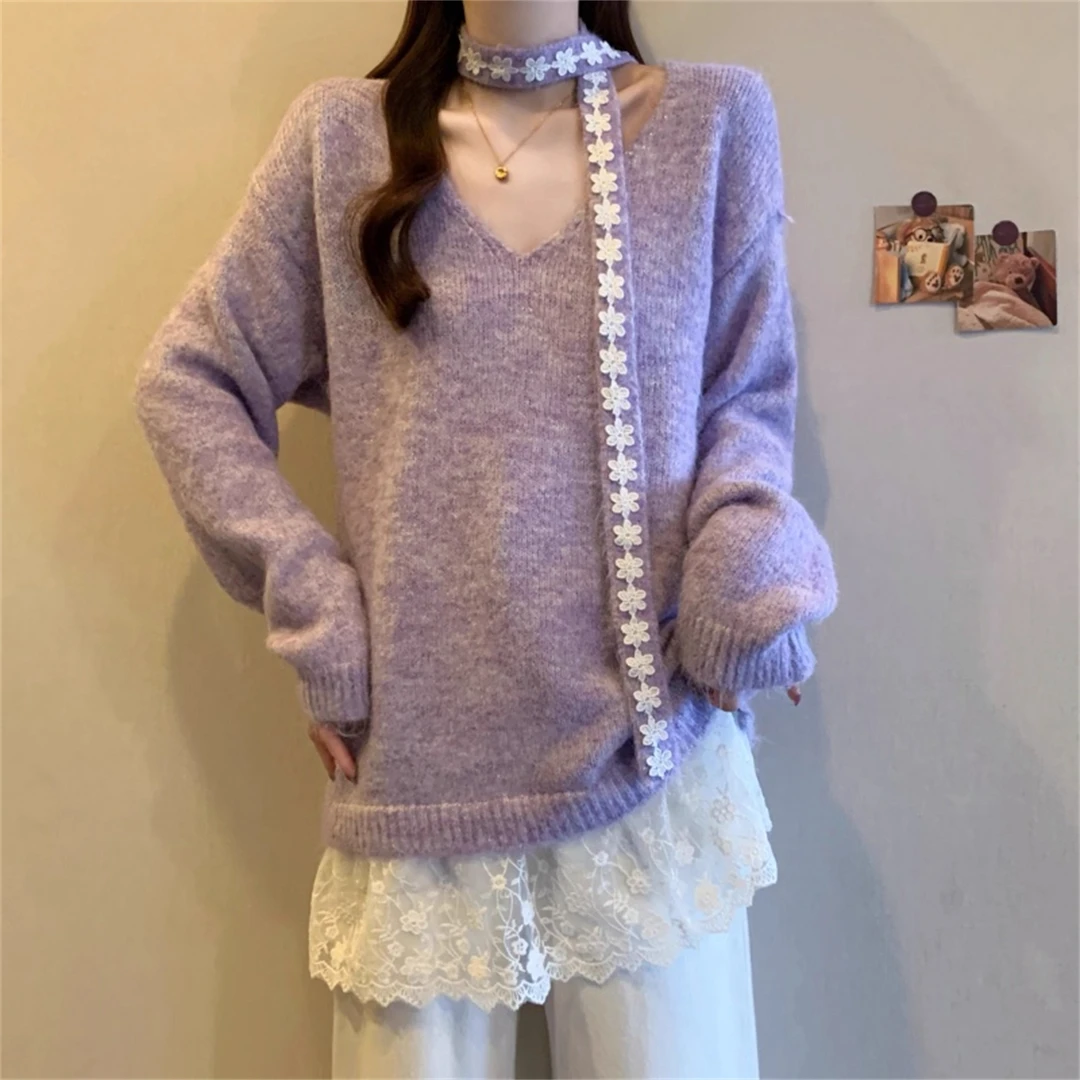大码胖MM蕾丝拼接飘带V领毛衣女秋冬慵懒风宽松中长款针织衫上衣