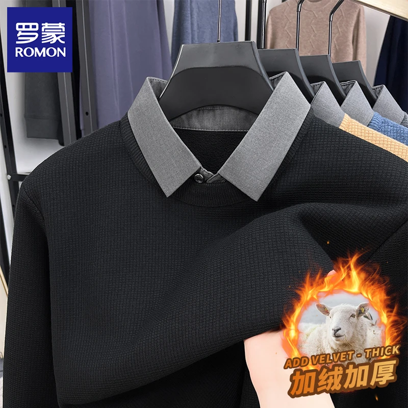 【含羊毛】罗蒙男士加绒假两件针织衫2025冬季新款加厚打底毛衣男