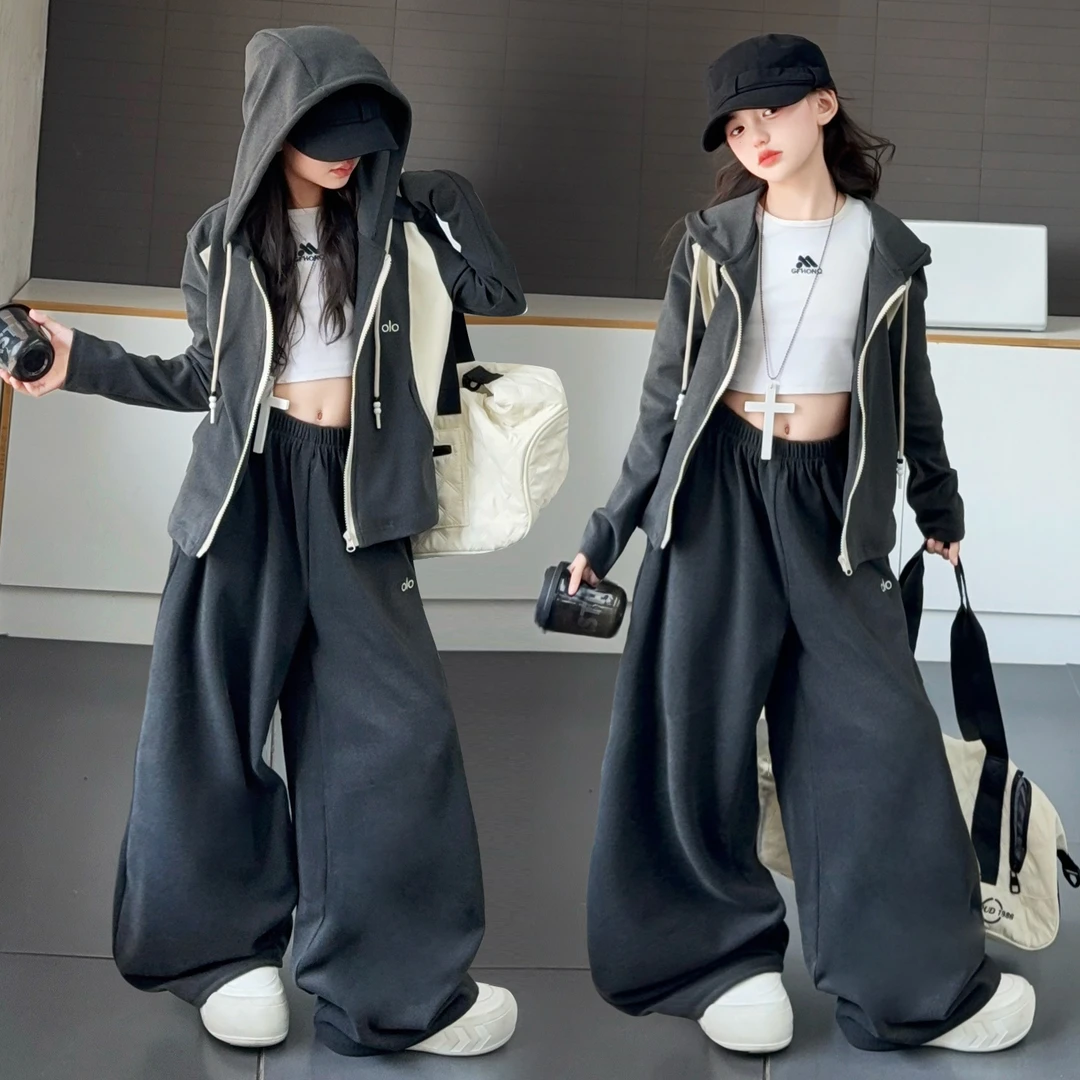 女童套装2025秋装新款时尚字母刺绣外套卫裤女大童春秋休闲运动风