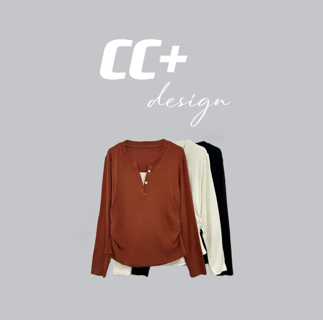 微胖撞色V领长袖T恤女装秋冬别致百搭修身显瘦上衣6083#