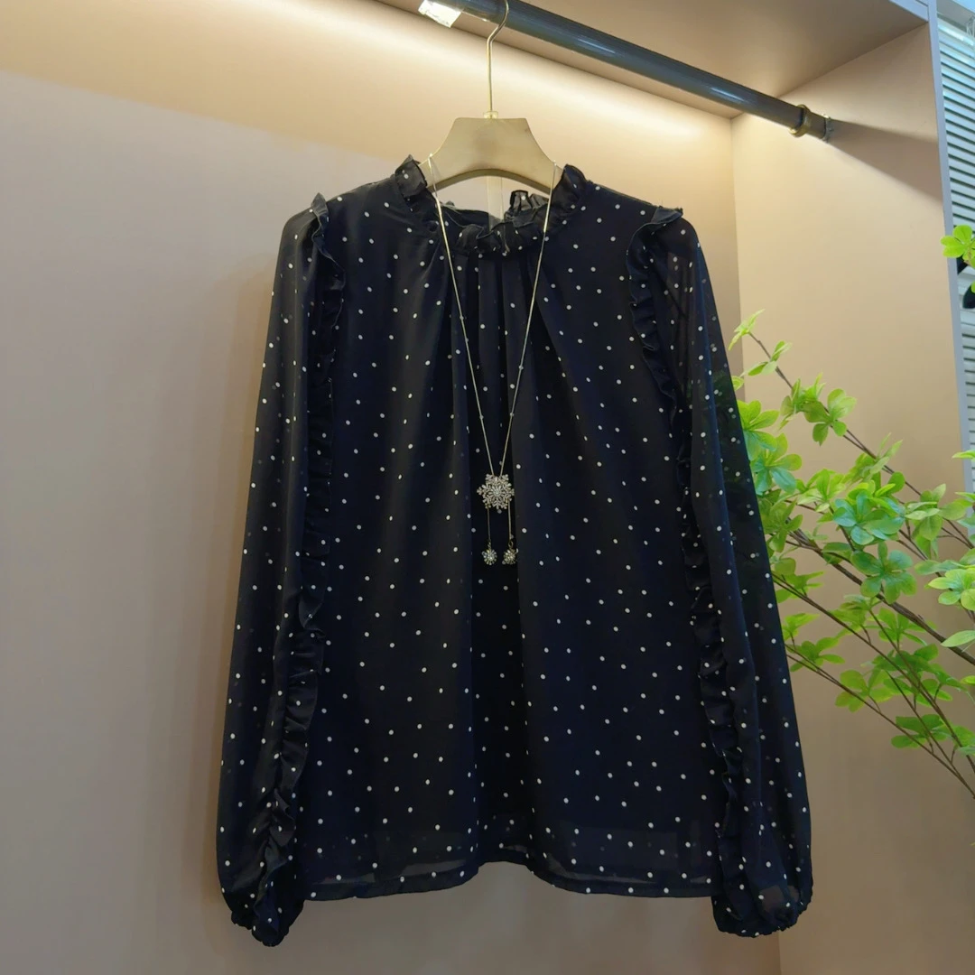 早秋气质法式新款拼接花边显瘦波点百搭长袖上衣（长64左右）