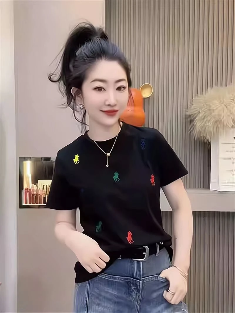 大码女装—0366春季新款显瘦百搭半袖T恤刺绣时尚休闲圆领宽松套头