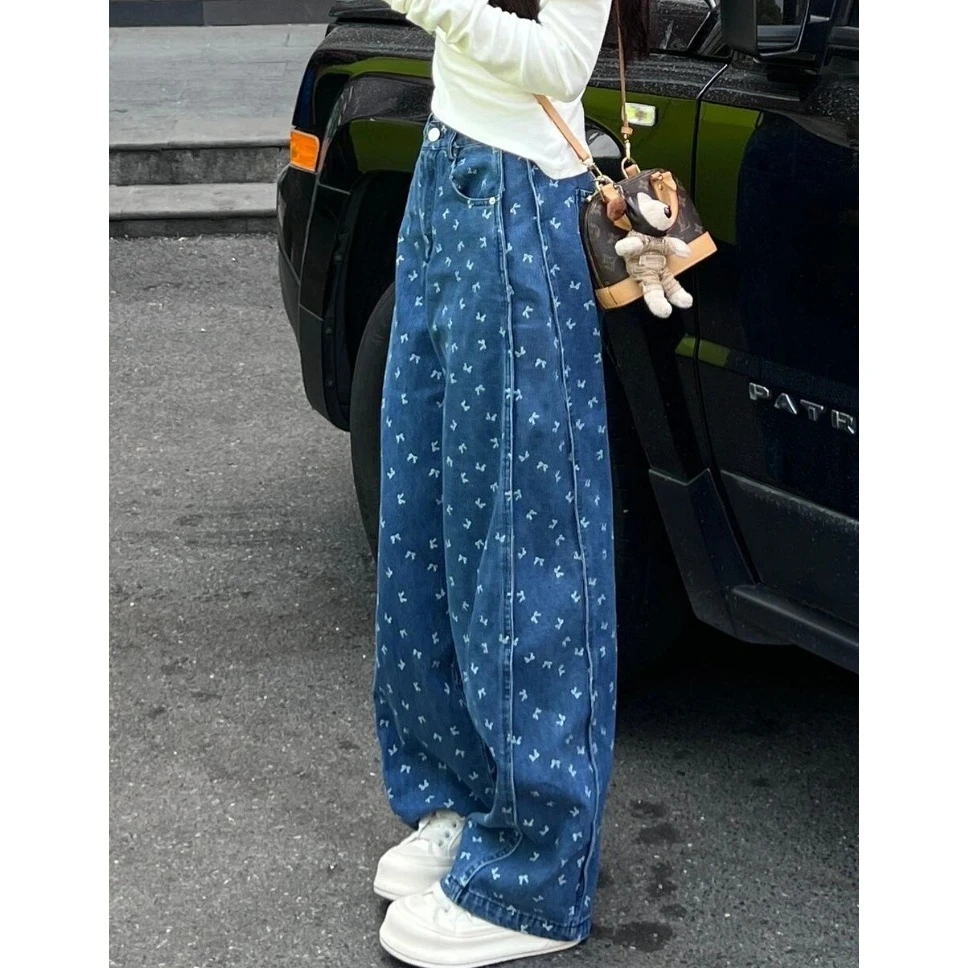 今年流行爆款宽松慵懒风垂坠感蓝色印花阔腿牛仔裤2025新款爆款女