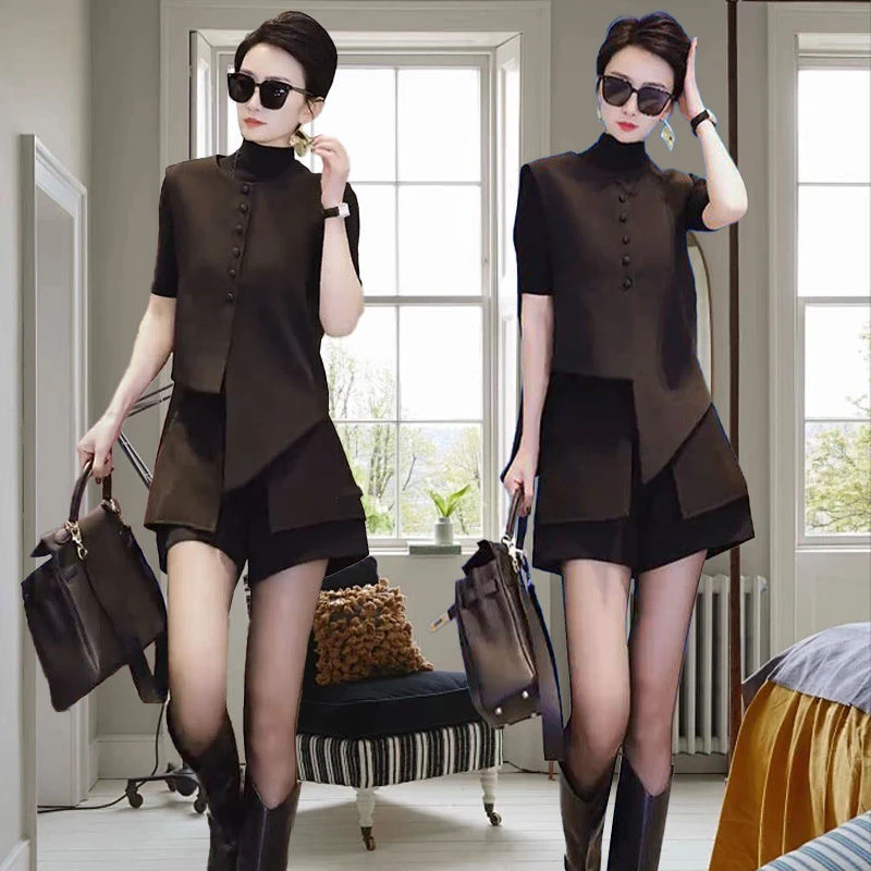 2025春季新款法式设计感不规则西装马甲套装拼接洋气短裤女三件套
