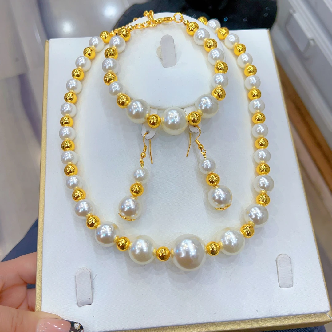 铜合金项链 伊帕尔阿依新款时尚大方百搭气质个性仿珍珠三件套