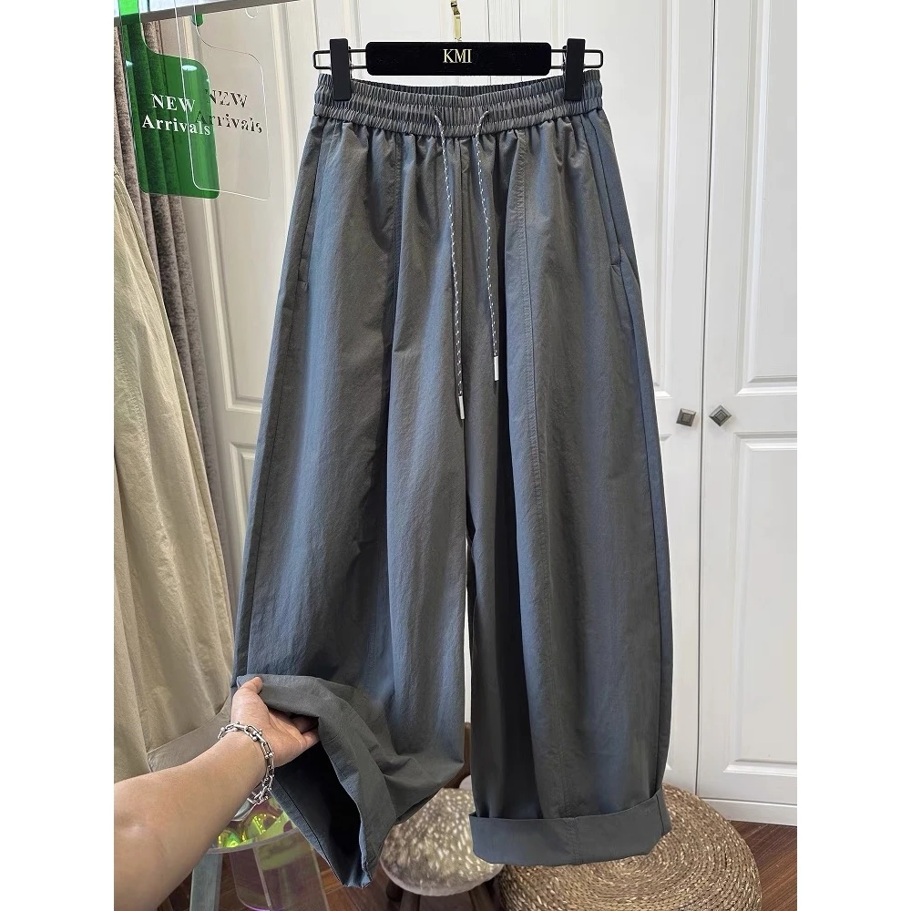 胖MM大码夏季松紧腰抽绳休闲裤女弯刀裤宽松褶皱裤纯色九分裤