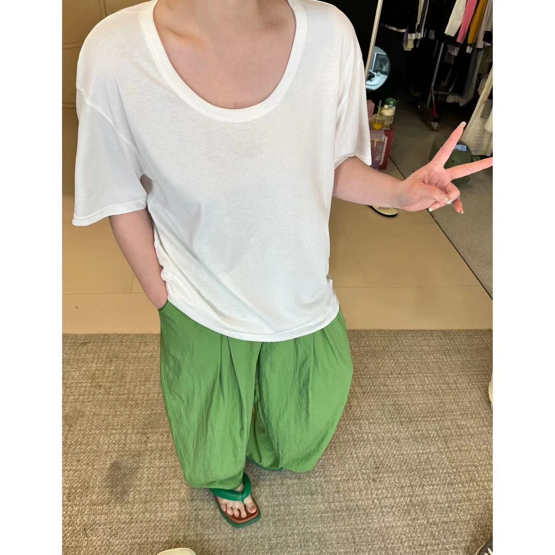 晶咕【纵享丝滑】夏季大U领纯色宽松短袖T恤大码休闲百搭简约半袖