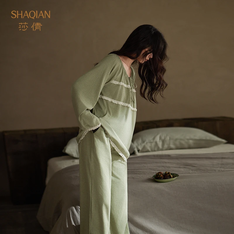 莎倩春秋季睡衣女2025年新款柔软色纺棉长袖圆领家居服可外穿套装