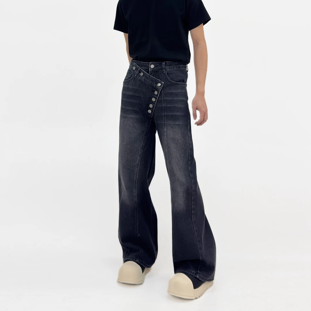 SongC美式复古小众不规则排扣水洗直筒牛仔裤蓝色宽松阔腿裤休闲