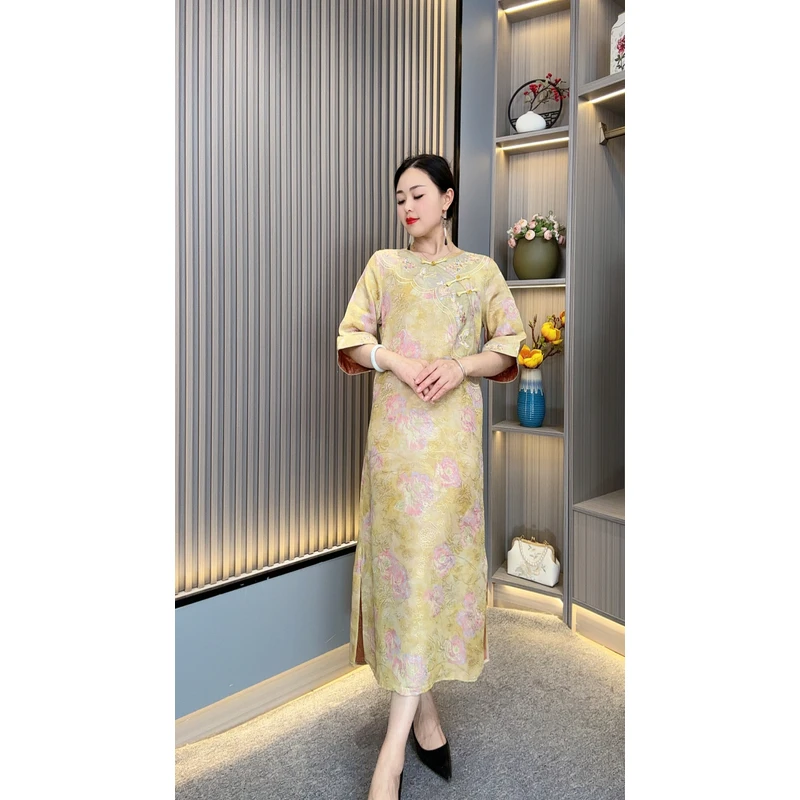 云萝YJ77231妈妈装中式国风盘扣优雅气质复古遮肉连衣裙