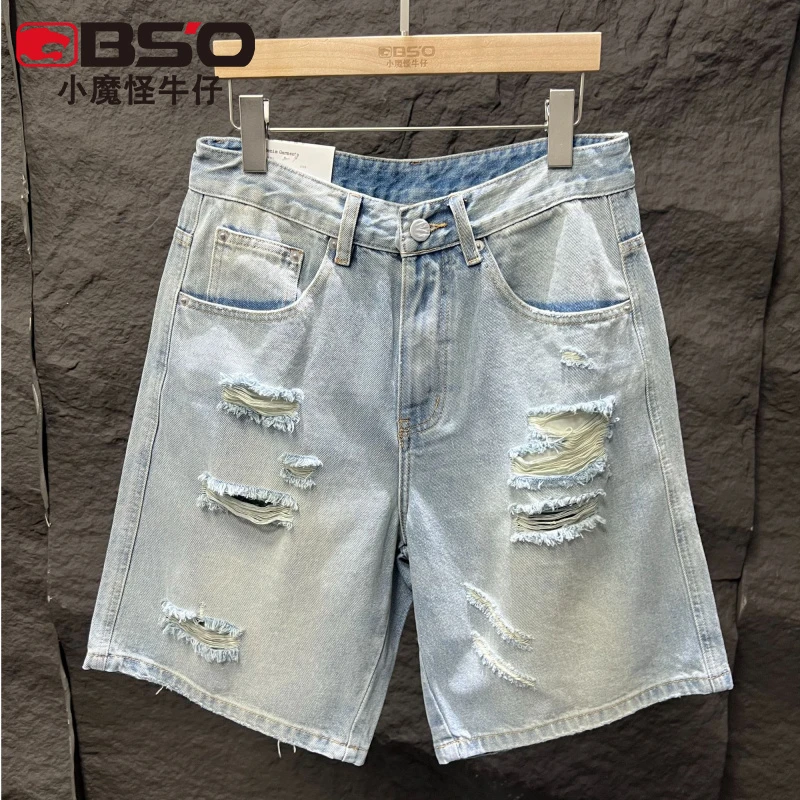 小魔怪夏季新款美式痞帅破洞牛仔短裤男款直筒宽松高街五分裤中裤