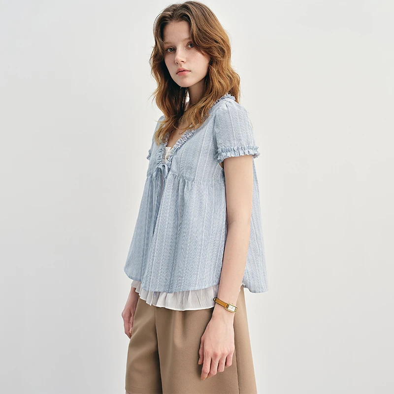 大码女装木耳边假两件衬衫新款胖mm超好看上衣小衫25DS88015