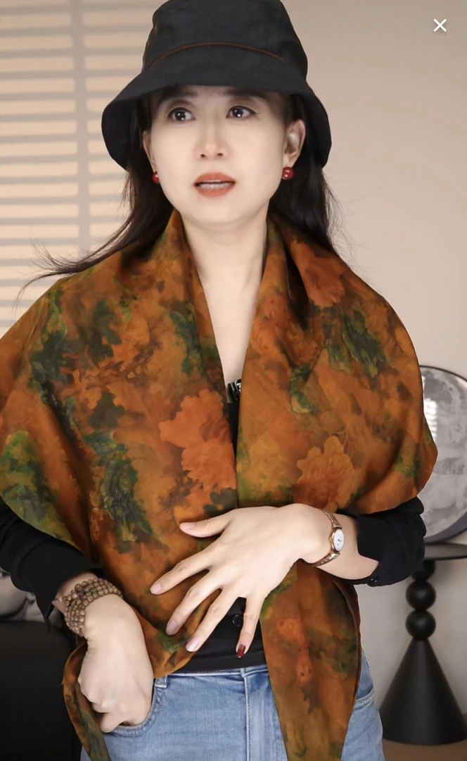 【C114】宫丽108x108cm6A纯100桑蚕丝香云纱花萝国风双面提花