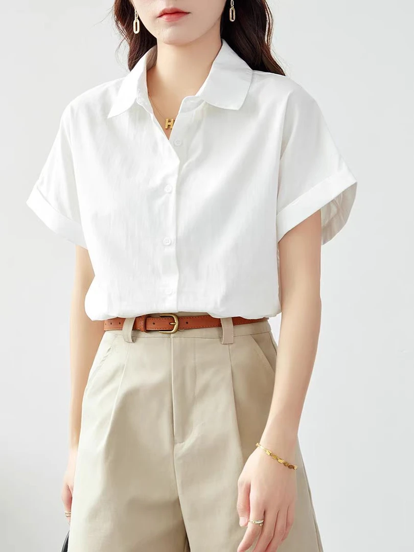 （01-60）白色短袖衬衫女2025夏季工作装垂感衬衣通勤正装面试上衣