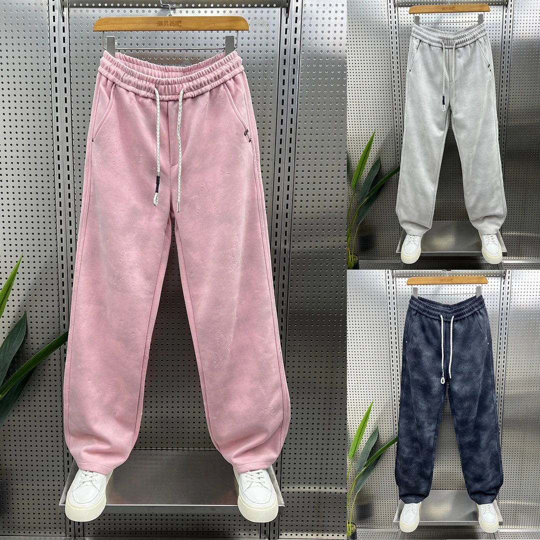 美式潮流扎染直筒休闲裤男款粉色裤子春秋季宽松复古运动卫裤百搭