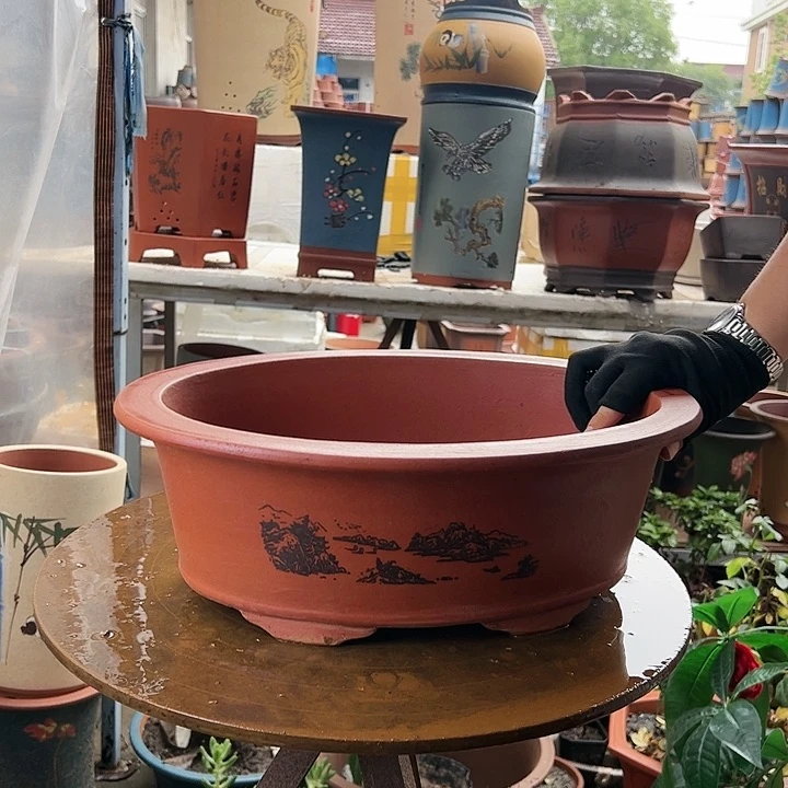 宜兴紫砂花盆花盆38红椭圆