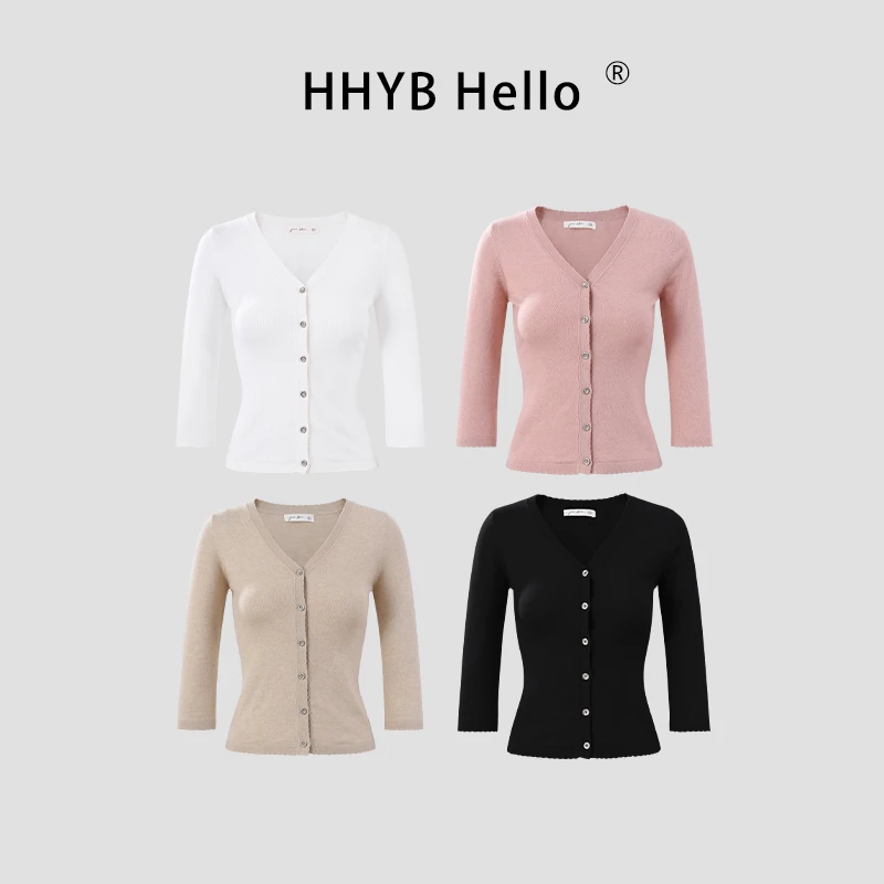 HHYB Hello2025七分袖设计感小花边针织开衫空调花扣防晒衫M1379