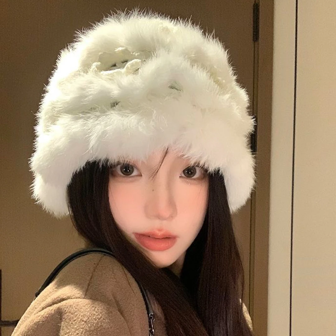 秋冬新款毛绒帽真兔毛茸茸显脸小加厚保暖针织帽可爱帽