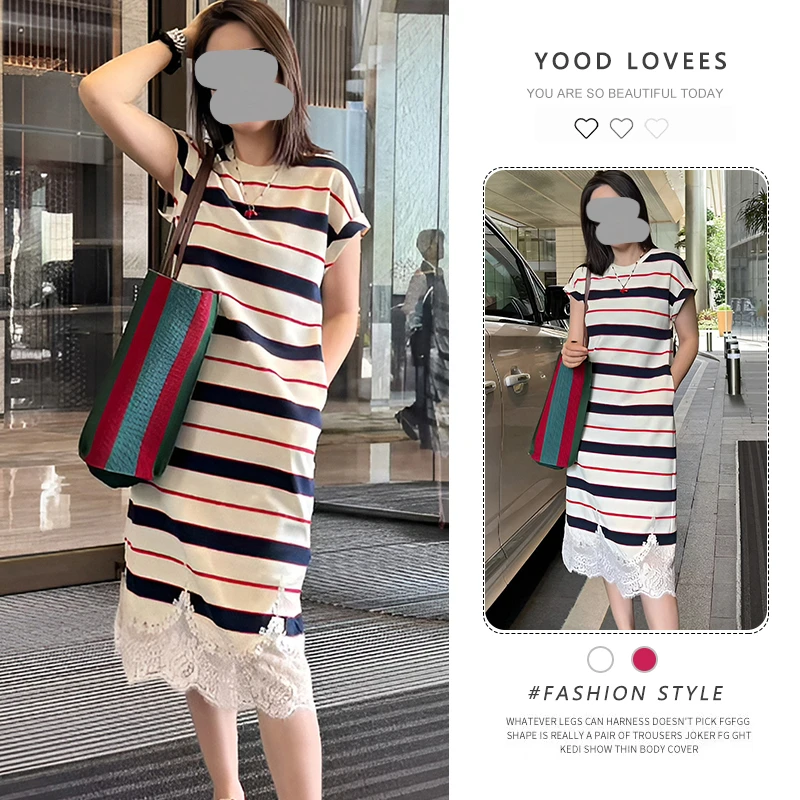 2025夏季新款洋气休闲风韩版短袖减龄设计感蕾丝拼接高腰连衣裙女