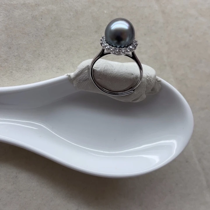 海水珍珠戒圈未镶嵌大溪地黑珍珠戒指9+