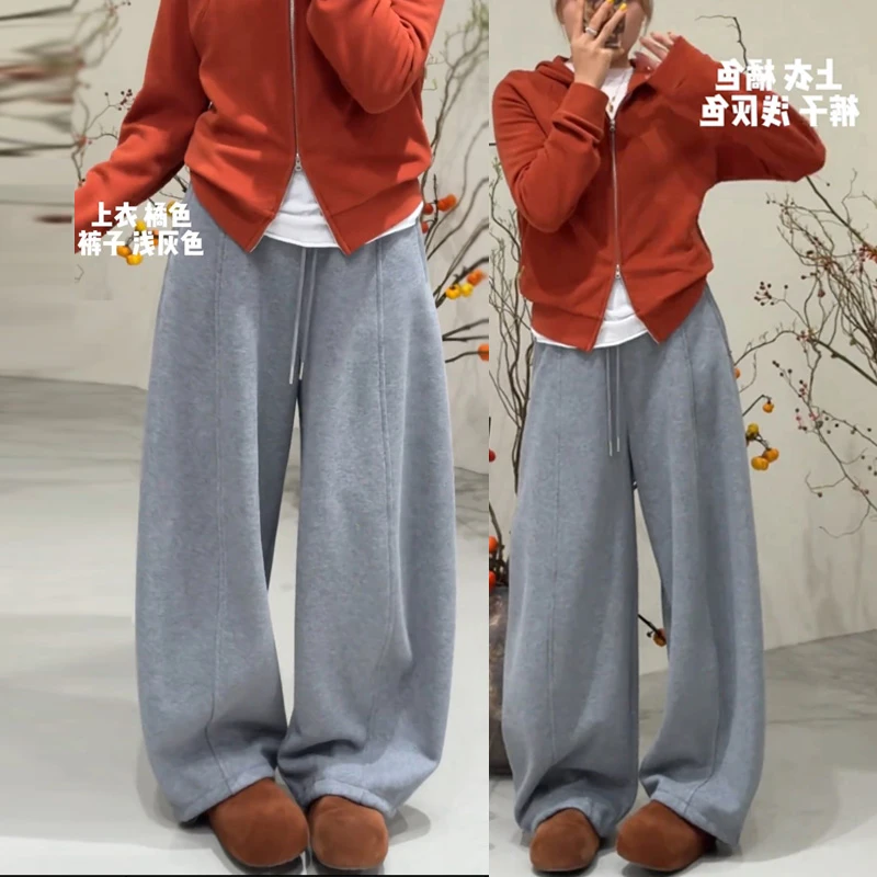 2025年流行网红女裤灰色加绒弯刀阔腿卫裤加厚高腰宽松垂感休闲裤