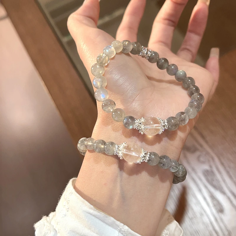 【捕梦网】灰月光7mm+白水晶10mm手串原创设计天然水晶Y172