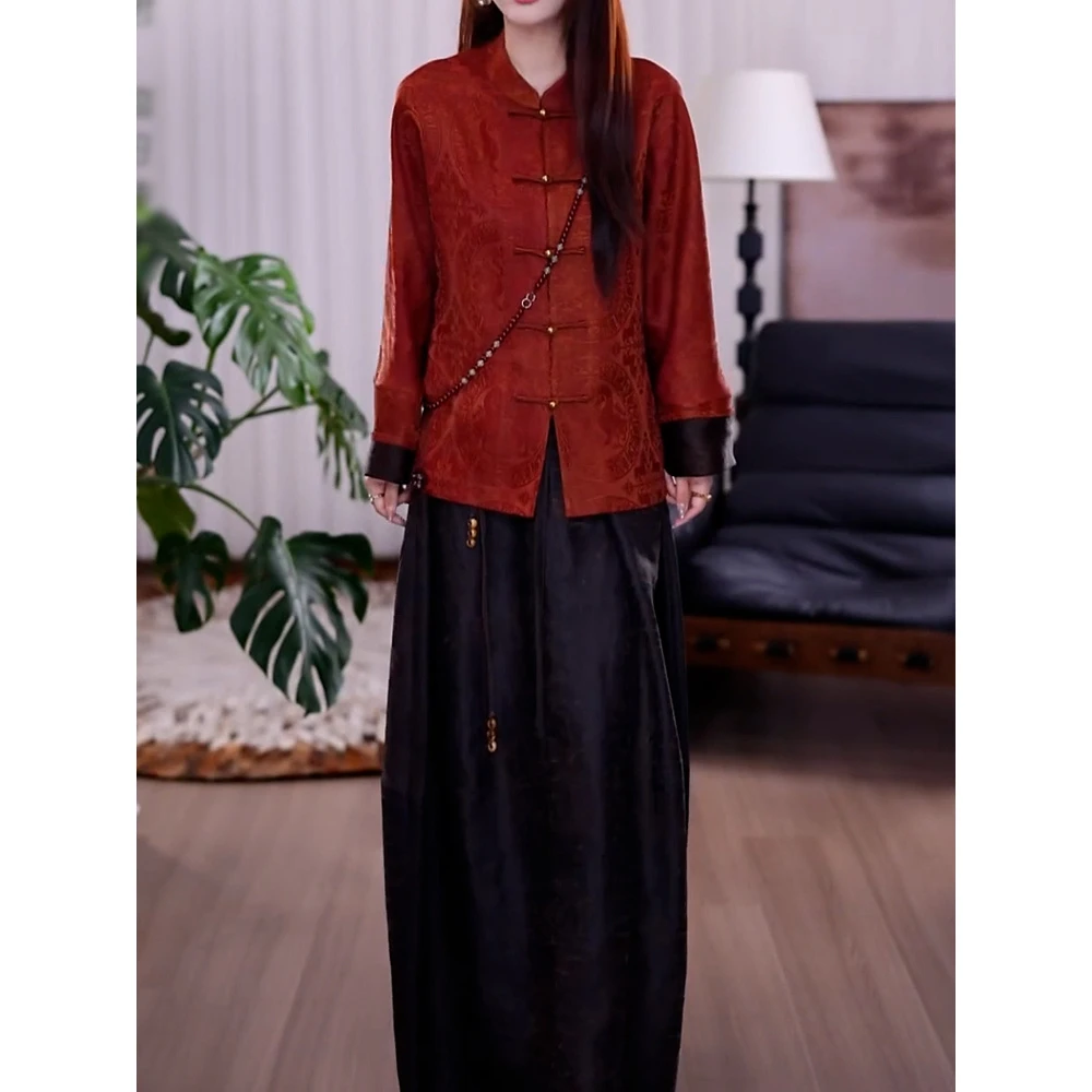 高级感轻奢洋气裙套装女2025秋季新款新中式盘扣长袖衬衫+半身裙