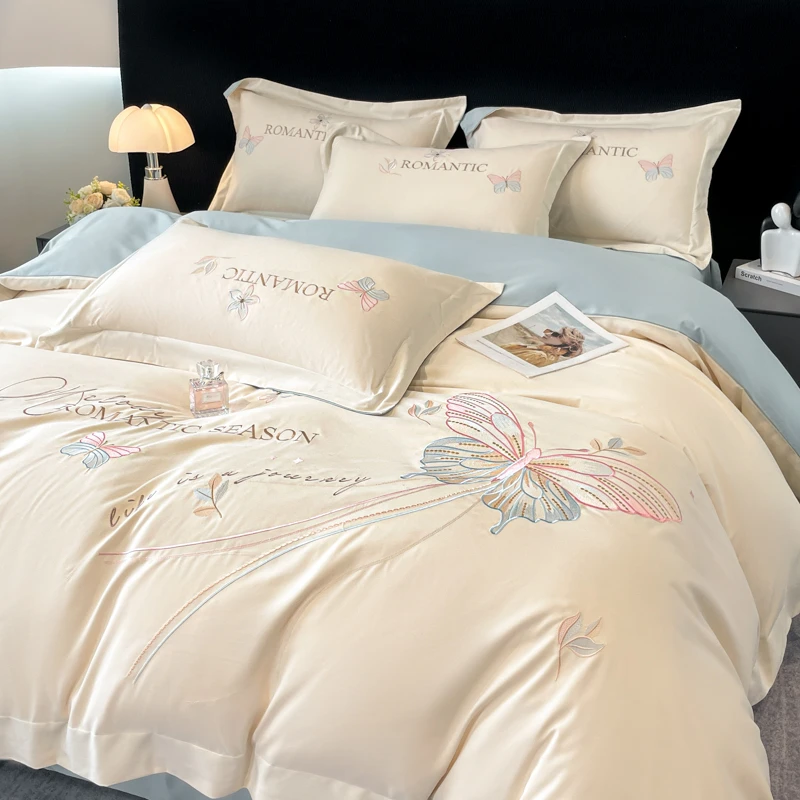 新款绣花100支床品秋冬保暖贡缎棉四件套精致蝴蝶刺绣被套