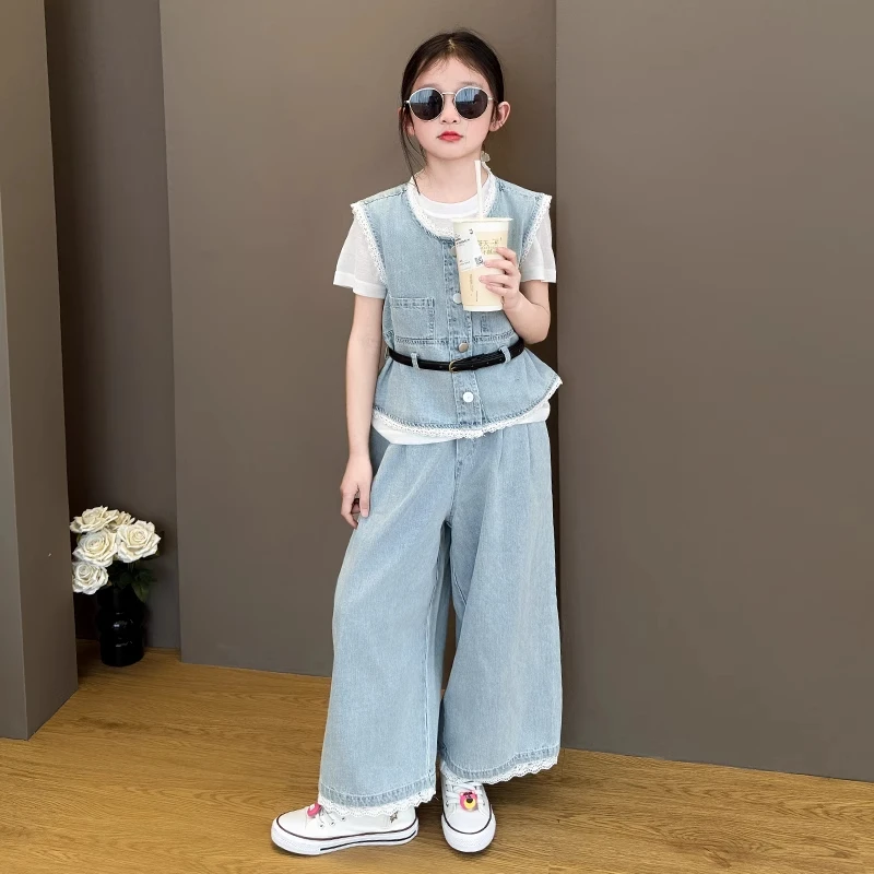 女童夏季牛仔套装2025新款儿童时髦洋气夏装大童外套阔腿裤时髦潮