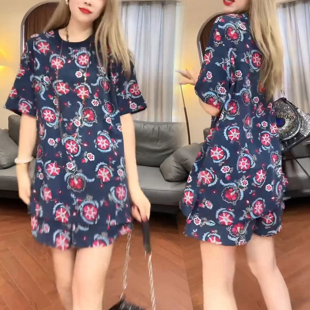 夏季新款洋气短袖上衣收腰短裤套装女优雅气质百搭印花时尚两件套