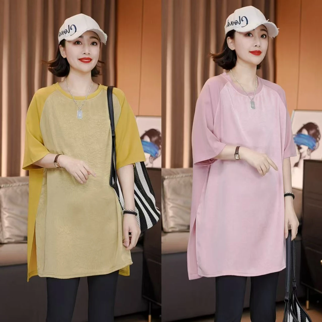 夏季新款 欧货缎面拼接冰感百搭T恤韩版气质显瘦宽松时尚上衣