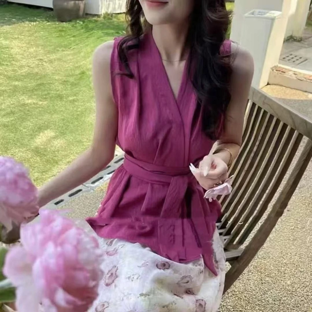 【芳芳女装】法式气质无袖背心夏季新款修身显瘦高级感绑带衬衫上衣