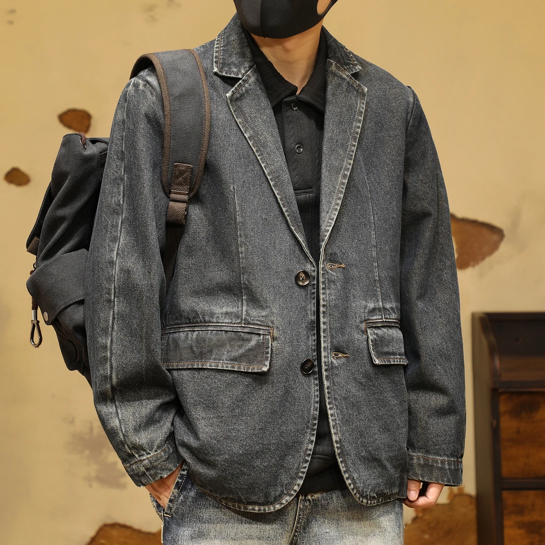 美式复古重工水洗平驳领牛仔西装外套男士春秋季新款宽松牛仔西服
