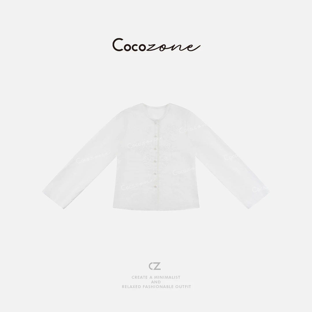 COCO ZONE 刘一一 100亚麻新款设计感小众绣花长袖衬衫CD1A0382