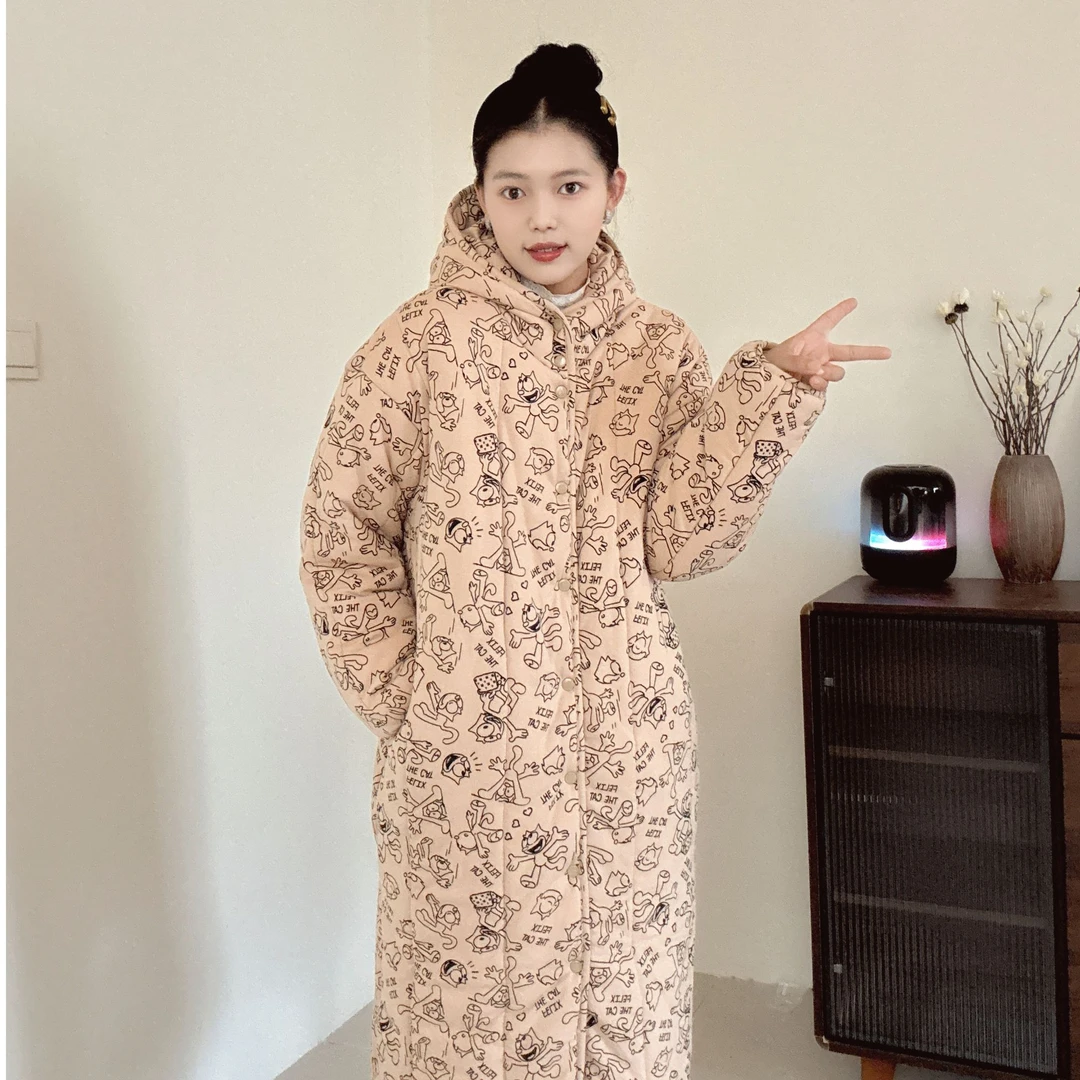 【涂鸦乐园】300g连帽直筒大长款家居服棉花衣宽松舒适保暖加厚冬季